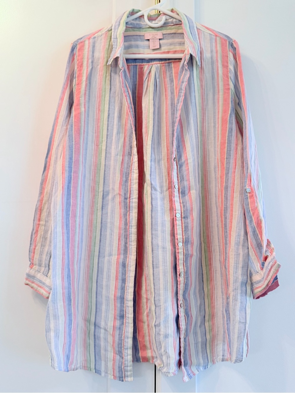 St. Tropez West 100% Linen Pastel Striped Tunic / Cover - up  - Size L
